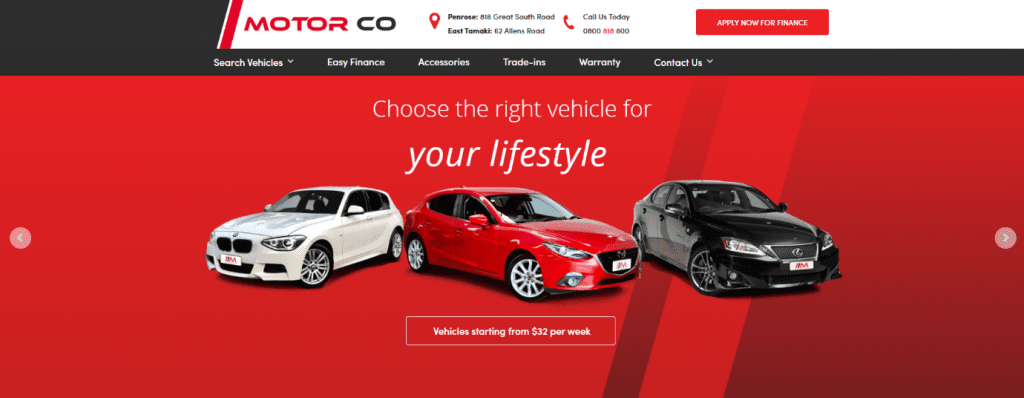 A screenshot of the MotorCo website homepage.